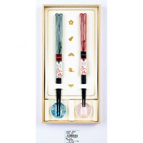 一双 百福桐箱箸置付夫婦箸 流彩