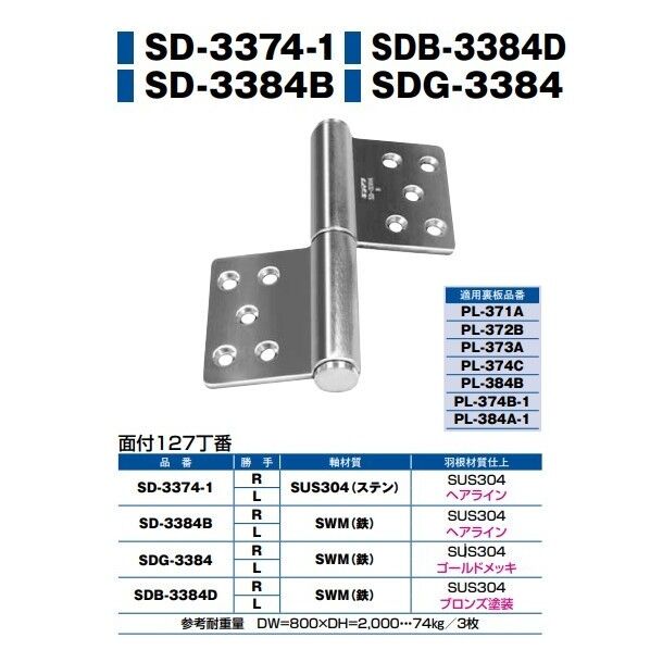 キンマツ 面付127丁番 勝手:右 軸材質:SWM(鉄) 羽根材質仕上:SUS304ブロンズ塗装 SDB-3384D-R 1枚