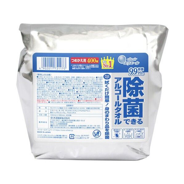 エリエール除菌できるアルコールタオル大容量つめかえ用400枚 600 x 400 x 160 mm 733486 8個