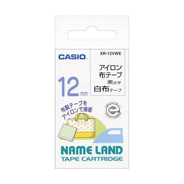 カシオ ネームランド アイロン布テープ12mm幅 白地/黒文字 XR-12VWE 1個