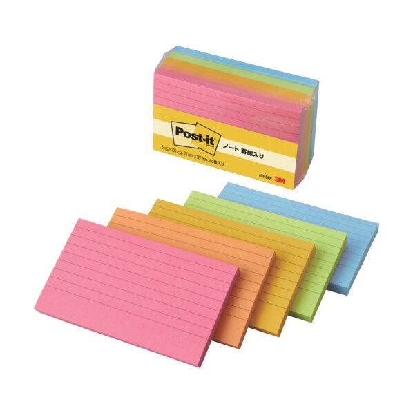 ふせん ポスト・イット 罫線入り 100枚X5パッド 5色混色 75X127mm 635-5AN 5冊
