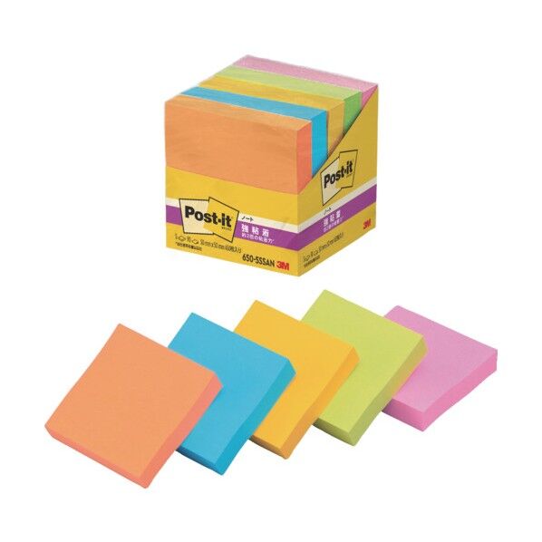 3Mポストイット強粘着 ウルトライエロー、エレクトリックブルー、ライム、ローズ、オレンジ 650ー5SSAN 450枚
