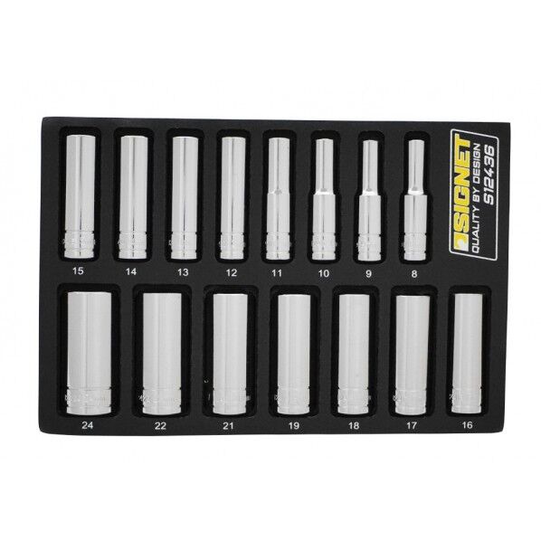 3/8DR ミラー仕上げディープソケットセット DESIGNトレー 15点