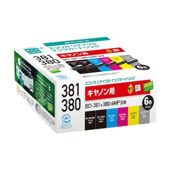 エコリカ BCI-381+380/6MP 互換リサイクルインクカートリッジ ブラック、シアン、マゼンタ、イエロー、グレー ECI-C381-6P 6個
