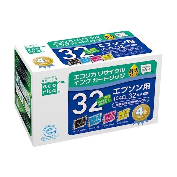 エコリカ IC4CL32 互換リサイクルインクカートリッジ ブラック、シアン、マゼンタ、イエロー ECI-E324P/BOX 4個