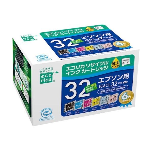 エコリカ IC6CL32 互換リサイクルインクカートリッジ ブラック、シアン、マゼンタ、イエロー、ライトシアン、ライトマゼンタ ECI-E326P/BOX 6個