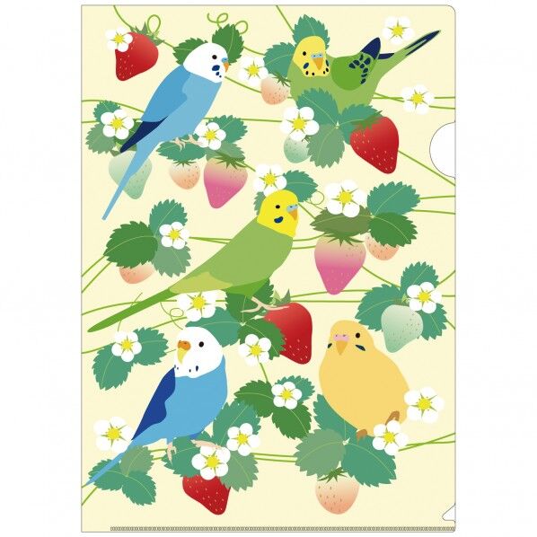 インコクリアファイル インコとイチゴ黄色