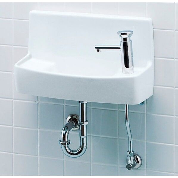 壁付手洗器(プッシュ式セルフストップ水栓) ハイパーキラミック 水石けん入れ付タイプ 床排水・床給水 460×200×275mm ピュアホワイト L-A74P2B/BW1 1点