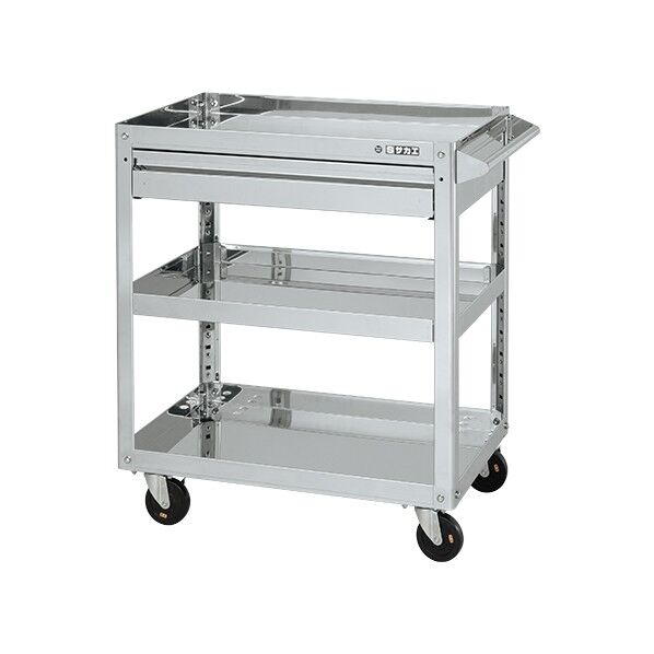 ステンレススーパーワゴン(SUS304/プレート式導電性ゴム車/スチール金具仕様/引出付)