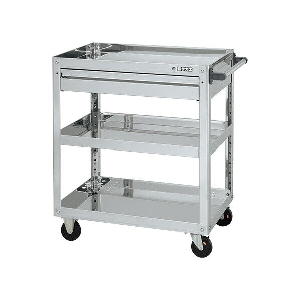 ステンレススーパーワゴン(SUS430/プレート式導電性ゴム車/スチール金具仕様/引出付)