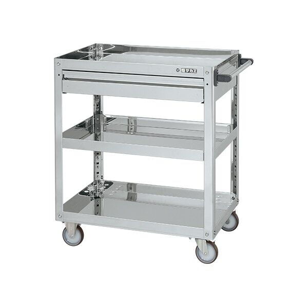 ステンレススーパーワゴン(SUS430/プレート式ナイロンウレタン車/スチール金具仕様/引出付)