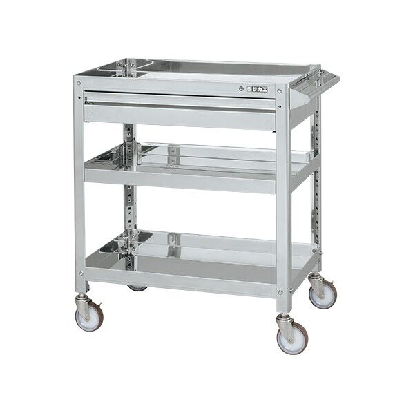 ステンレススーパーワゴン(SUS304/ねじ込み式ナイロンウレタン車/スチール金具仕様/引出付)