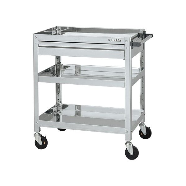 ステンレススーパーワゴン(SUS304/ねじ込み式導電性ゴム車/スチール金具仕様/引出付)