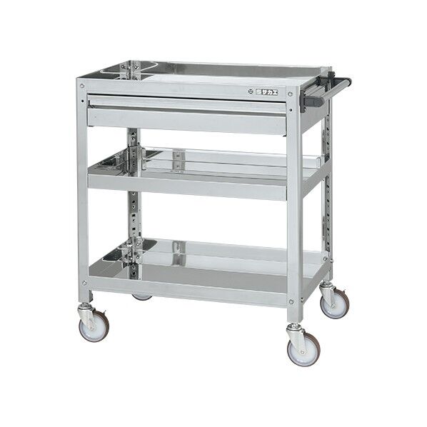 ステンレススーパーワゴン(SUS430/ねじ込み式ナイロンウレタン車/スチール金具仕様/引出付)