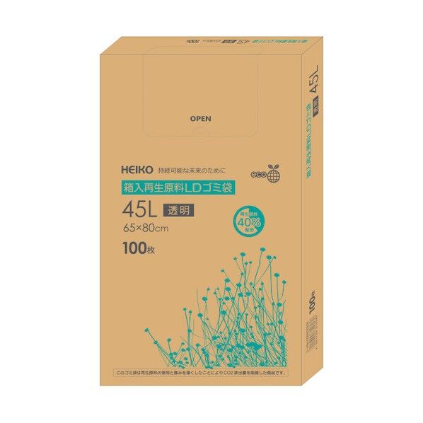 HEIKO 箱入再生原料LDゴミ袋 45L 100枚 透明 0.021×650×800mm 6605500 100枚