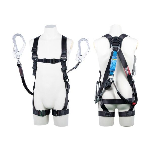 黒影ハーネス ダブルランヤード付き ロック機構付き巻取式コルトリトラ・伸縮式ノビロン ダークグレー LLサイズ 130KG対応型