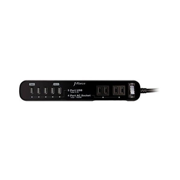 電源タップ付USB充電器USB5ポートAC4口 黒 W251×D44×H30 (mm) JF-PEACE1K 1個