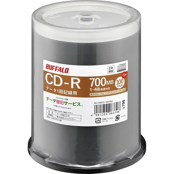 バッファロー 光学メディア CD-R PCデータ用 700MB 法人チャネル向け H2×W120×D120mm ホワイト RO-CR07D-105PWZ 105枚
