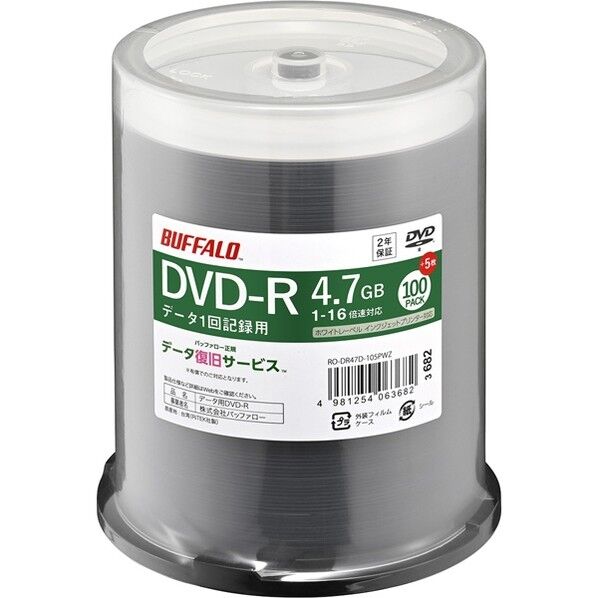 バッファロー 光学メディア DVD-R PCデータ用 4.7GB 法人チャネル向け H2×W120×D120mm ホワイト RO-DR47D-105PWZ 105枚