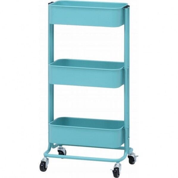 キッチンワゴン バスケット3段 スリム ターコイズブルー