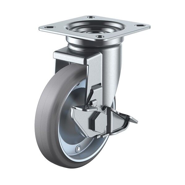 J-S型キャスター 自在車プレート式(ストッパー付) 径100mm グレーゴム車輪(鋼板ホイル) WJ-100S-G 1個