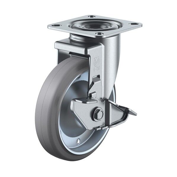 プレート式 自在 キャスター グレーゴム 車輪径125mm ストッパー付き Jタイプ RJ2-S型 取付寸法80×80(75×75)