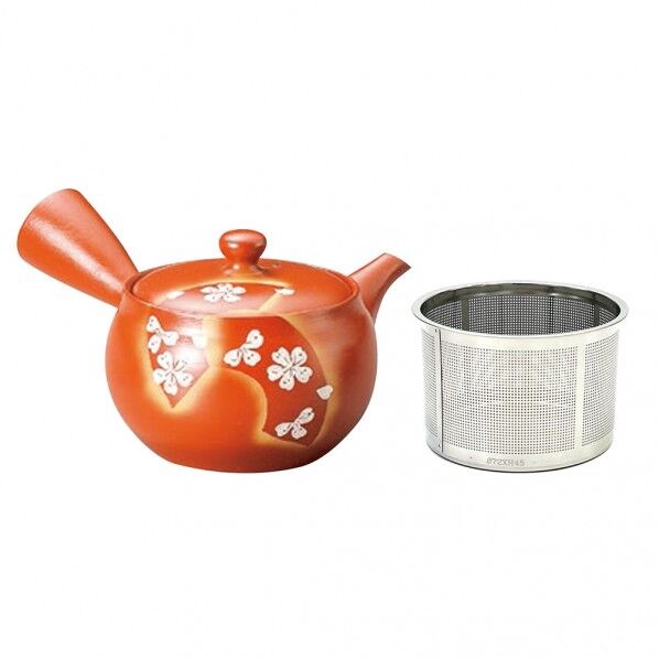 富仙 朱泥帯丸扇面桜急須