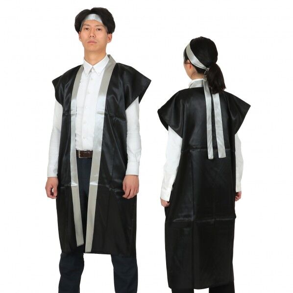 ソフトサテンロングハッピ 黒/銀襟 (ハチマキ付)