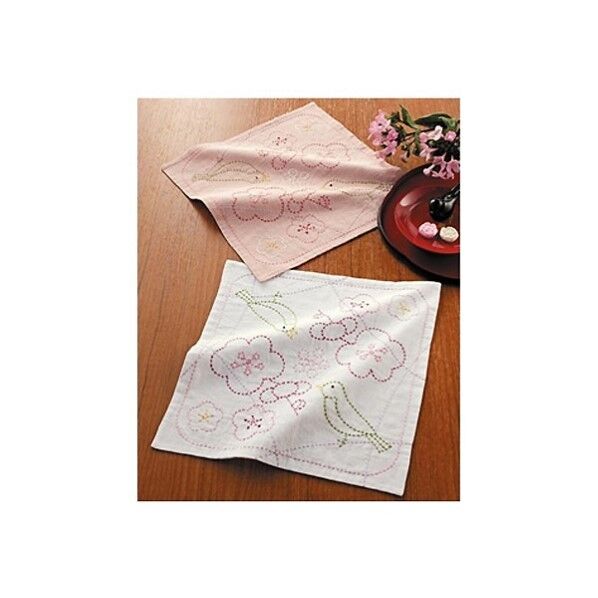 オリムパス製絲 花ふきんキット 刺し子 図案プリント済 梅とうぐいす 249