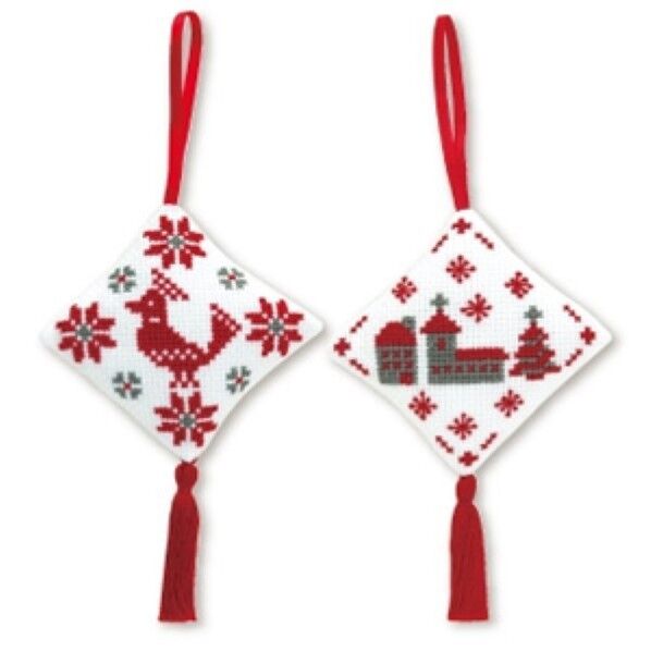 オリムパス製絲 北欧のかわいいクロスステッチ オーナメント (2個1組) トリ&教会