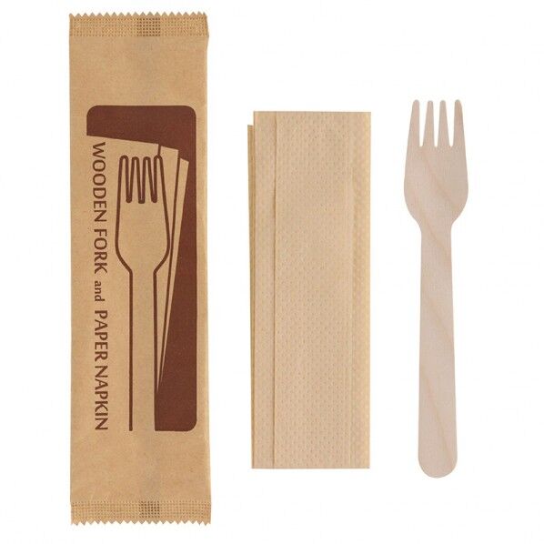 木製フォーク・ナプキン未晒完封セット 160mm
