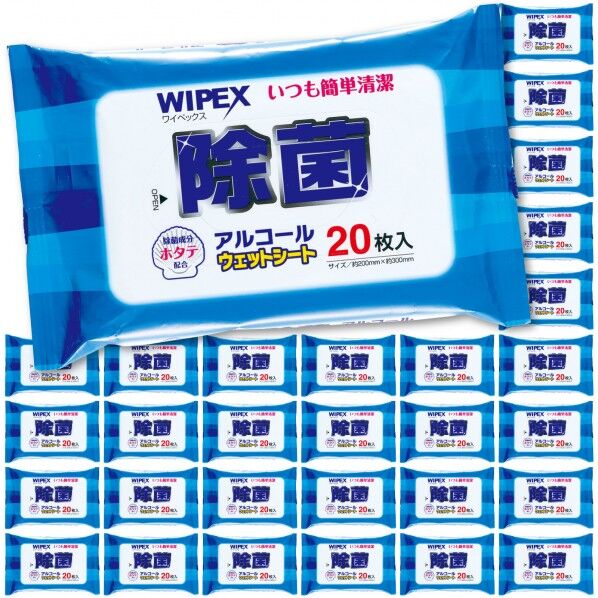 ワイペックス ホタテ除菌アルコールウェットシート20枚入30組 シート1枚の寸法:約200×300mm/38gタイプ 51390 30個