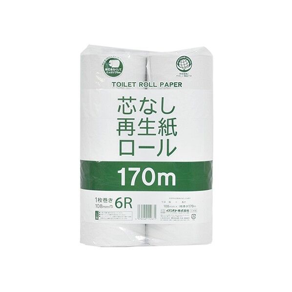 イデシギョー トイレットペーパー 芯なし再生紙ロール シングル 170m 6ロール パッケージ:縦115mmx横230mmx高さ325mm 002180433 1袋