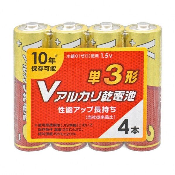 オーム電機 Vアルカリ乾電池 単3形 LR6VS4P 外寸:φ14×高さ50mm 007596421 4本...