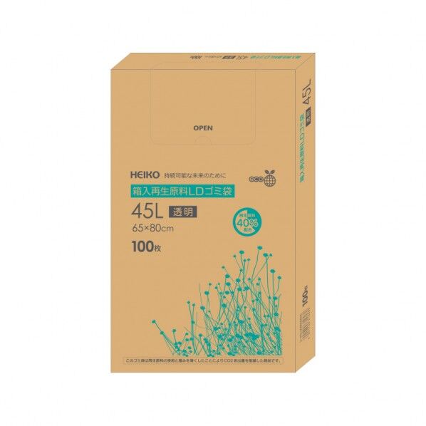 HEIKO 箱入再生原料LDゴミ袋 45L 100枚 0.021×650×800mm 透明 6605500 100枚