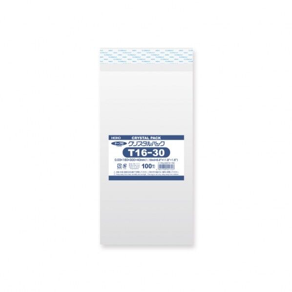 HEIKO OPP袋 クリスタルパック T16-30(テープ付き)100枚 透明 0.03×160×300+テープ部分40mm 6741700 1点