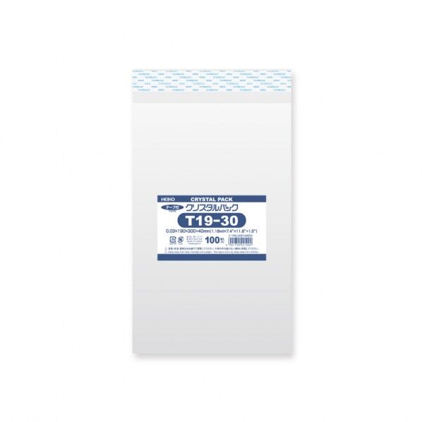 HEIKO OPP袋 クリスタルパック T19-30(テープ付き)100枚 透明 0.03×190×300+テープ部分40mm 6744800 1点