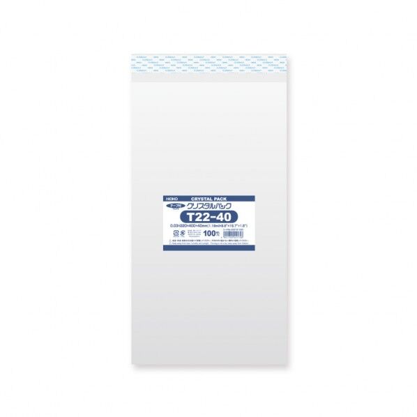 HEIKO OPP袋 クリスタルパック T22-40(テープ付き)100枚 透明 0.03×220×400＋テープ部分40mm 6741000 1点