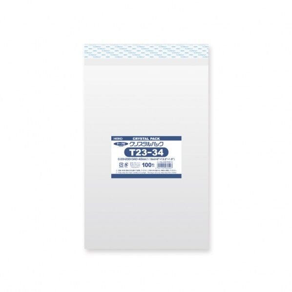 HEIKO OPP袋 クリスタルパック T23-34(テープ付き)100枚 透明 0.03×230×340+テープ部分40mm 6753510 1点