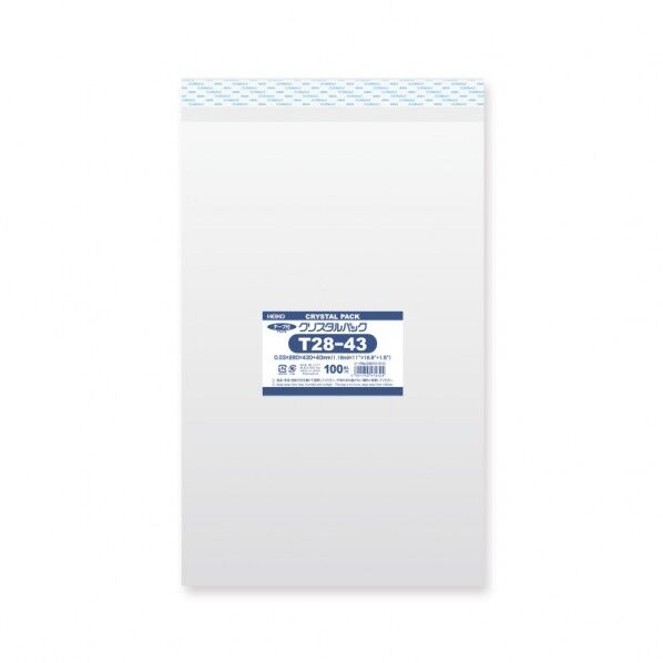 HEIKO OPP袋 クリスタルパック T28-43(テープ付き)100枚 透明 0.03×280×430+テープ部分40mm 6741210 1点