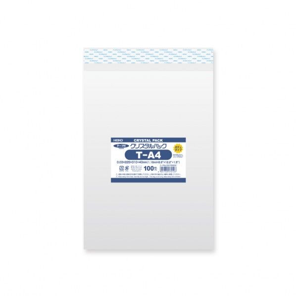 HEIKO OPP袋 クリスタルパック T-A4(テープ付きボディタイプ)100枚 透明 0.03×225×310＋テープ部分40mm 6769902 1点