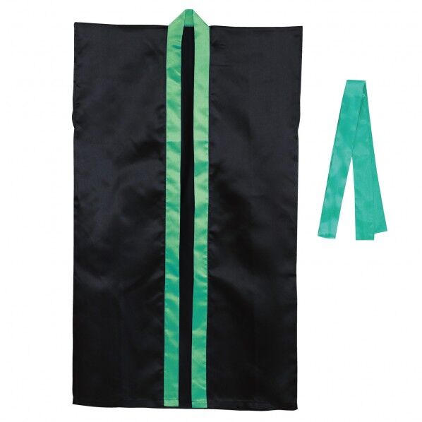 サテンロングハッピ(ハチマキ付) 黒(襟緑) M