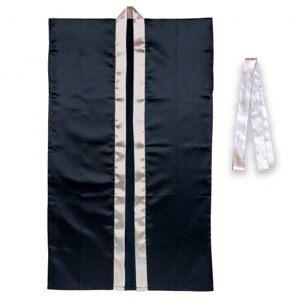 サテンロングハッピ(ハチマキ付) 黒(襟銀) M