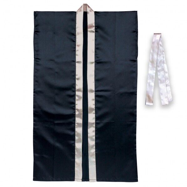 ソフトサテンロングハッピ(ハチマキ付) 黒(襟銀) M