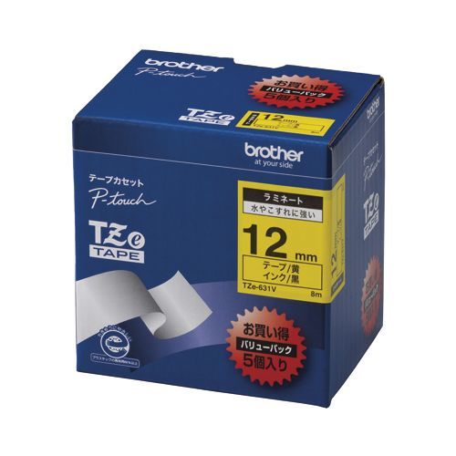 ピータッチテープ12mm(5個入) 黄 黒文字 TZE-631V 1