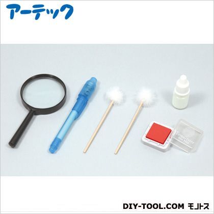 光る指紋の採取キット 虫めがね:φ60×全長145mmブラックライトペン全長132mmタンポ:全長112mmインク台:35×35×18mm 55741 1