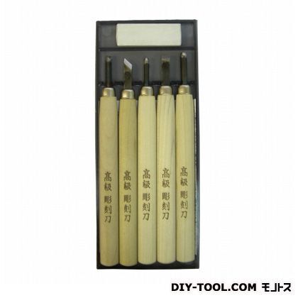 サイズ:彫刻刀/全長180mm、砥石/幅20×奥行7×高さ55mm、収納ケース/幅90×奥行17×高さ215mm 13060 5本