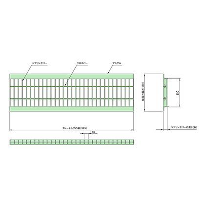 単位(mm)グレーチング寸法:995(b)x110(w)x19(h)、製品長さ:180、アングル寸法:L40x40x5 GTU-19-12