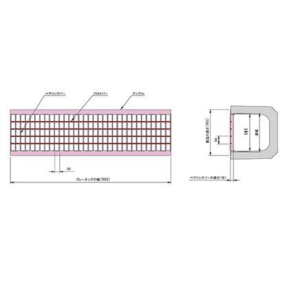 単位(mm)グレーチング寸法:993(b)x141(w)x19(h)、製品長さ:195、アングル寸法:L30x30x3 CXU-P-19-15
